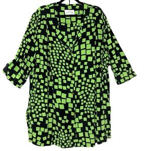 Patrizia S Green and Black Button Down Tunic Shirt Sz 2XL Flowy Lagenlook Top
